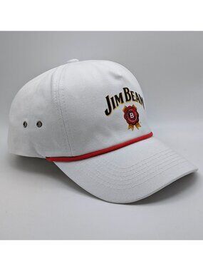Jim Beam Hat Cap White Adjustable Rope Red Trim Strap Back Dad Golf Bartender